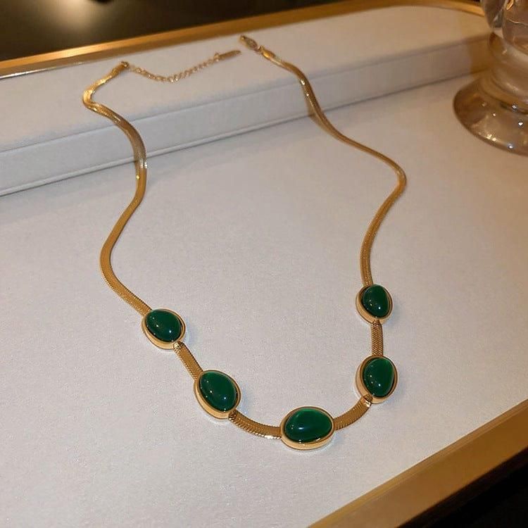 Oval Green Crystal Pendant Necklace Set & Free Bracelet
