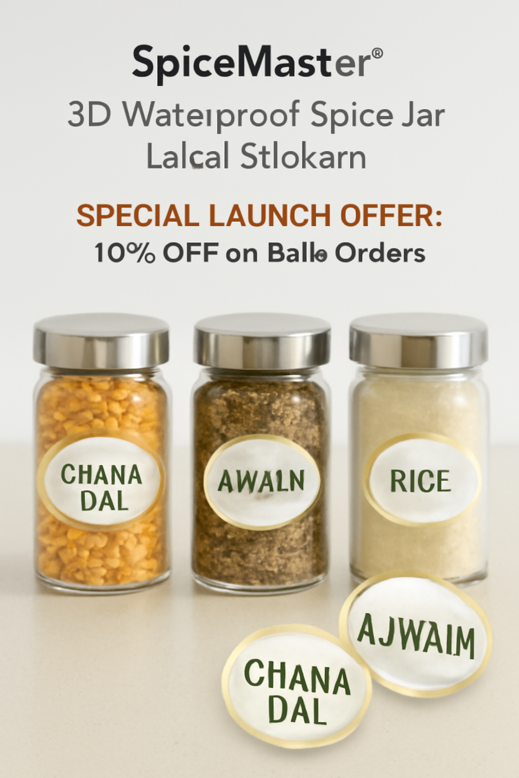 SpiceMaster 3D Waterproof Spice Jar Label Stickers (Buy 10 Get 50 Free)